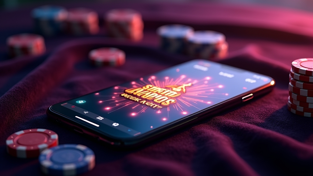 A smartphone showing a jackpot-themed casino app on a dark casino table