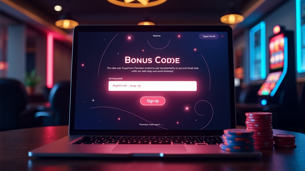 Casino sign-up screen with a glowing bonus code field and slot machines in the background