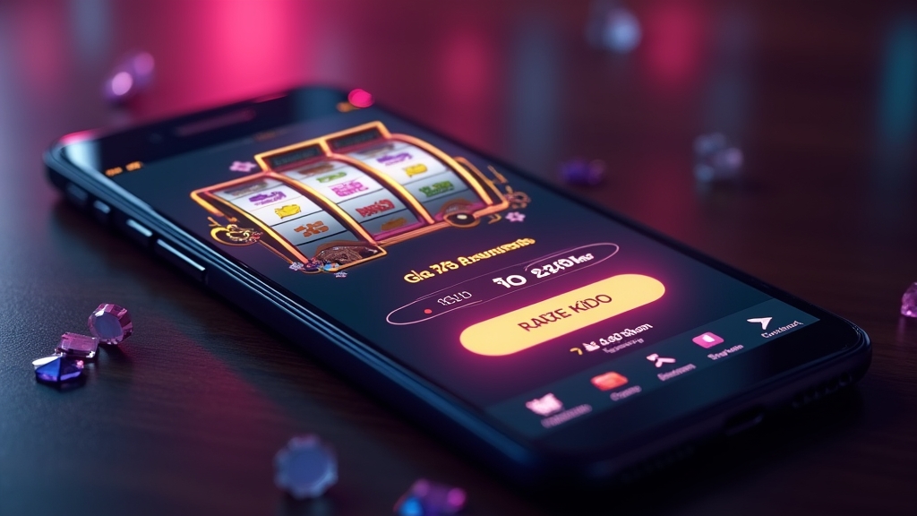 Smartphone casino cashier with bonus code field and glowing slot background