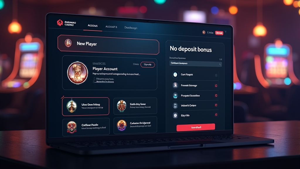 Casino dashboard showing no deposit bonus, verification icons, and slot reels