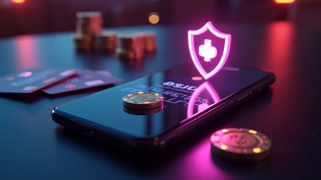A casino app security and payments scene with cards, bonus tokens, and a shield