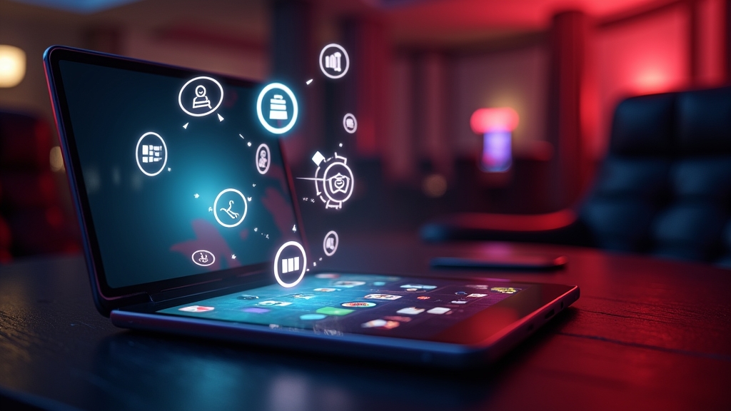 A phone and tablet with compatibility icons in a dark casino setting