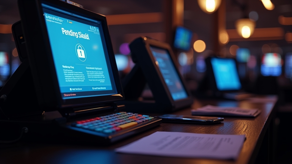 Pending casino withdrawal screen with verification documents on a dark desk